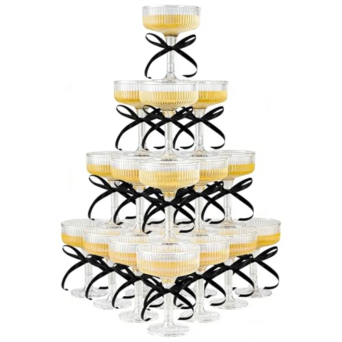 Black Acrylic Champagne Tower Set - 20 Unbreakable Flutes with Bows & Dots