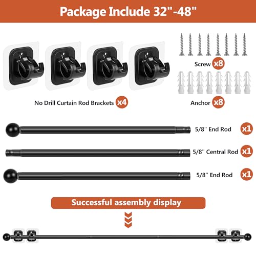 Adjustable Curtain Rod with No-Drill Adhesive Brackets, 16 to 48 Inch