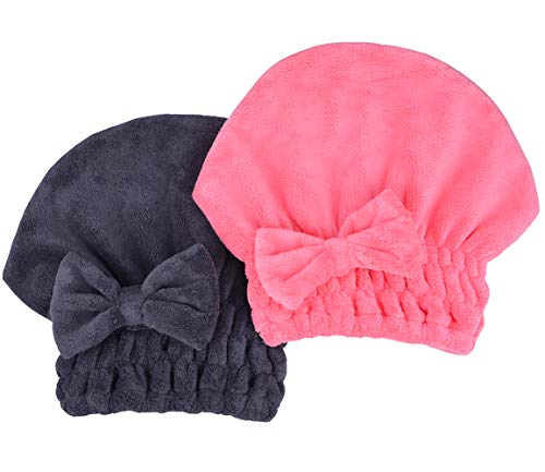 MAYOUTH Microfiber Hair Drying Cap with Bow-Knot Dark Grey & Rose Red 2-Pack