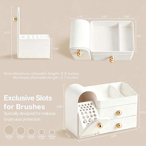 HBlife All White Large Makeup Organizer with Drawers & Brush Holder - Vanity Storage