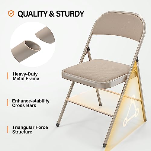 4-Pack Padded Folding Chairs, Heavy Duty Metal Frame, Khaki Fabric Seat