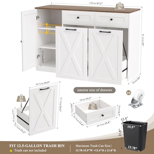 HOSTACK 12.5 Gallon Dual Trash Can Cabinet - White Kitchen Storage