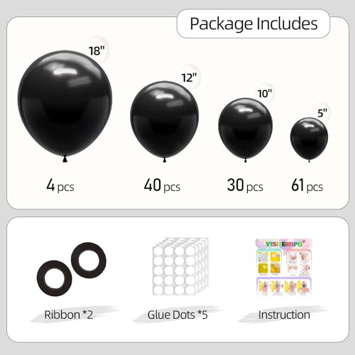 Yishebapa 02-black Black Balloons Arch Kit 135pcs - Mixed 18/12/10/5 Inch for Birthday, Halloween, Baby Shower
