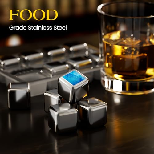 Kollea 8-Pack Stainless Steel Whiskey Stones Set with Tongs & Freezer Tray, Silver - Reusable Chilling Rocks Gift