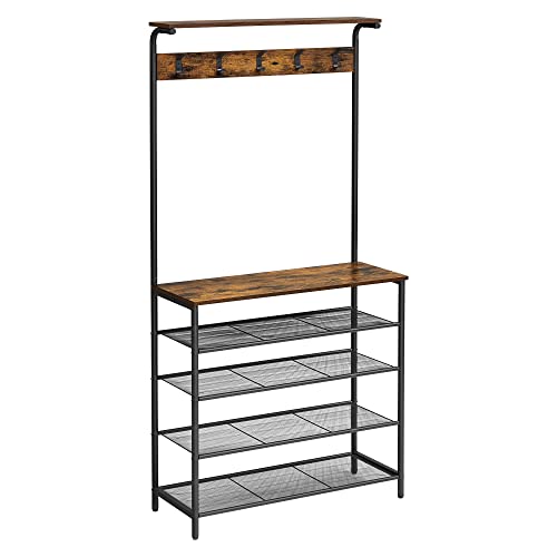 Industrial Hall Tree with Shoe Bench and Coat Rack, 5-Tier Entryway Organizer