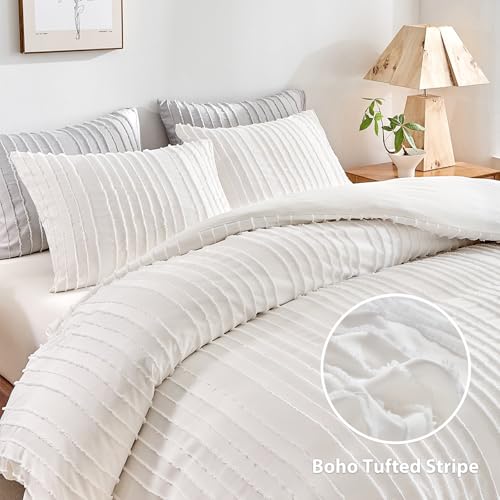 White Boho Tufted Duvet Cover Set King - 3-Piece Soft Microfiber Bedding