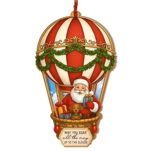 BlinkWishes Santa Hot Air Balloon Ornament for Christmas Tree – Wood & Acrylic 3D Travel Santa