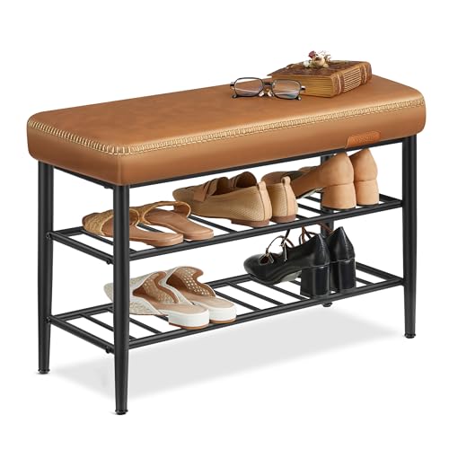 Mid-Century Modern Shoe Rack Bench, Upholstered Entryway Storage Bench, Caramel