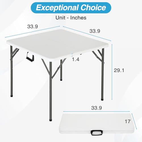 34-Inch Square Portable Plastic Folding Table with Carry Handle & Steel Frame