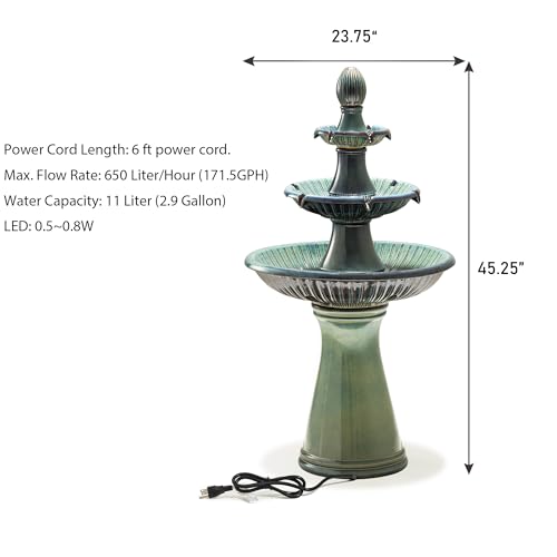 Turquoise 3-Tier Ceramic Outdoor Fountain with LED Lights - Garden Waterfall