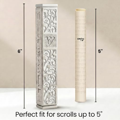6-Inch Silver and White Mezuzah Case with Scroll and Adhesive Mount
