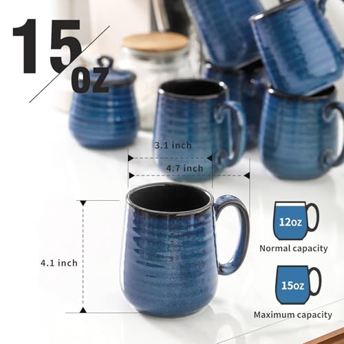 HASENSE Navy 12 oz Coffee Mug Set of 6 - Reactive Glaze Ceramic Cups for Tea, Soup & Drinks