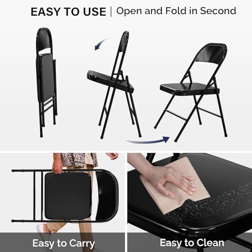 Heavy Duty Folding Chairs - All Steel Metal Frame, 350 lb Capacity, Set of 4