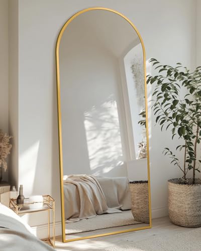 Arched Full Body Mirror with Stand - 58" x 19" Gold Aluminum Frame Floor Mirror