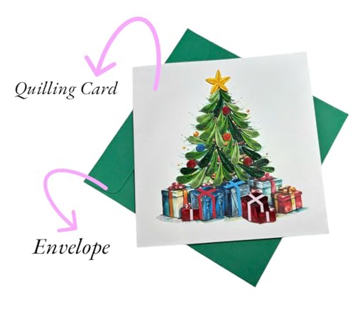 Handcraft 3D Quilling Christmas Card with Envelope - Holiday Holiday Greeting Card, Xmas Tree Design, Blank Inside, Ready to Gift
