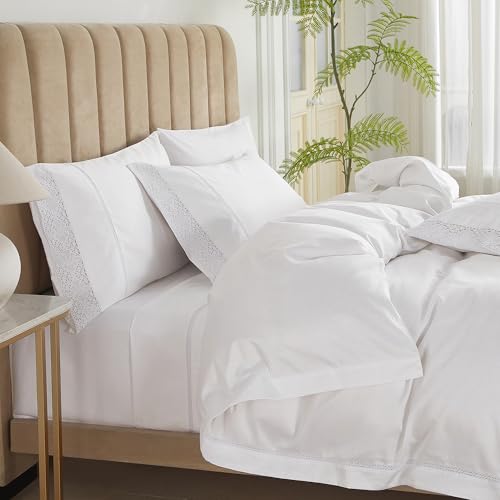 Queen Size White Cotton Duvet Cover with Lace Trim - 90x90