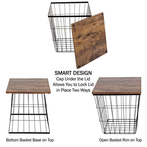 Nesting End Tables Set of 2 - Square Wood Top Side Tables with Storage Baskets