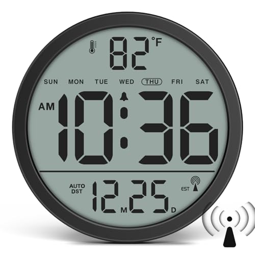 8-Inch Digital Atomic Wall Clock with Auto DST, Date and Temperature