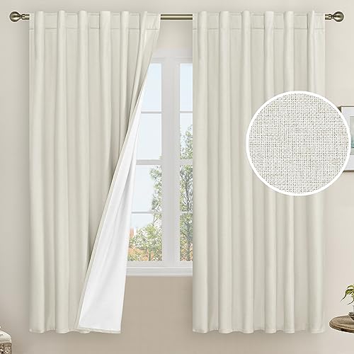 100% Blackout Linen Textured Thermal Curtains - 52x63 In, Set of 2 (Ivory)