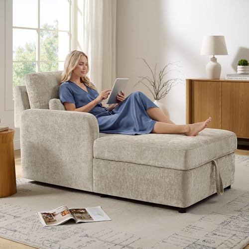 58" Oversized Chaise Lounge Chair with Hidden Storage, Camel Chenille