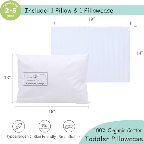 ZPECC Organic Cotton Toddler Pillow with Pillowcase - 13x18 Hypoallergenic Kids Travel Pillow for Crib and Daycare