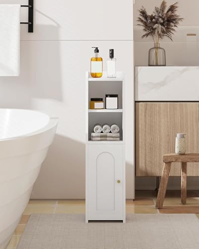 Narrow Bathroom Storage Cabinet with Adjustable Shelves, White Floor Organizer