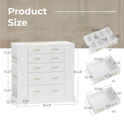 White Closet Island with Glass Top, LED Lights and Jewelry Storage Drawers