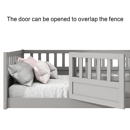Montessori Twin Floor Bed Frame with Safety Guardrails and Door, Solid Pine