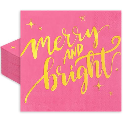 Whaline 80-Pack Pink & Gold Merry Christmas Napkins 6.5x6.5in (13x13in unfolded)