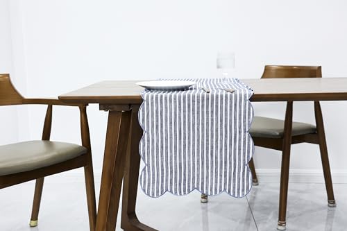 AORISSI 14x48 Linen Table Runner with Scalloped Embroidery, Blue Stripe Edges