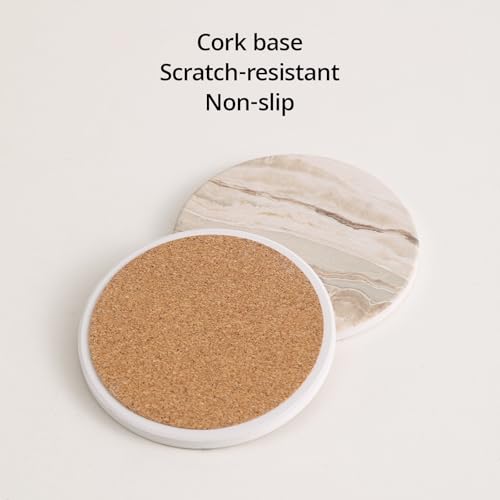 Absorbent Ceramic Drink Coasters Set with Holder - 4-Inch Non-Slip Cork Base
