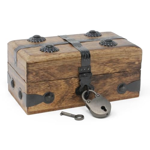 Small Wooden Treasure Chest Box with Antique Iron Lock and Skeleton Key