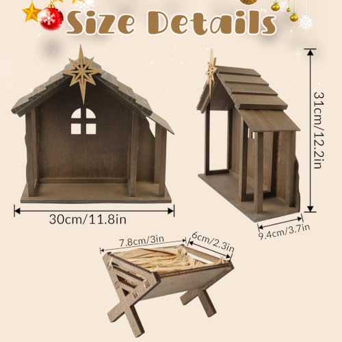 Fangoo 12'' Wooden Nativity Scene Stable with Roof Star & String Lights