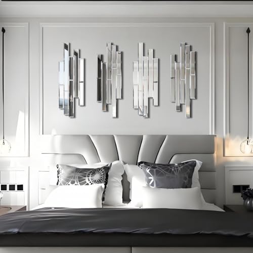 Set of 4 Beveled Wall Mirrors - 24x8 Inch Decorative Silver Glass Panels
