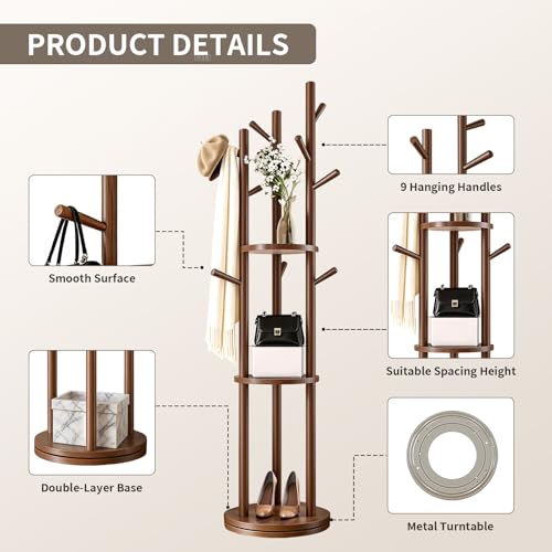 Solid Wood Rotating Coat Rack with 3 Shelves & 9 Hooks, Walnut Finish