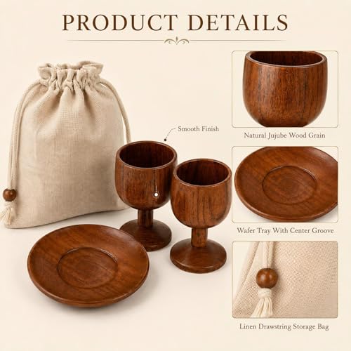 Wooden Communion Wedding Set with 2 Chalice Goblets, Wafer Tray & Linen Bag