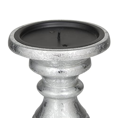 Deco 79 Traditional Mango Wood Pillar Candle Holder, Set of 3 10", 8", 6"H, Silver
