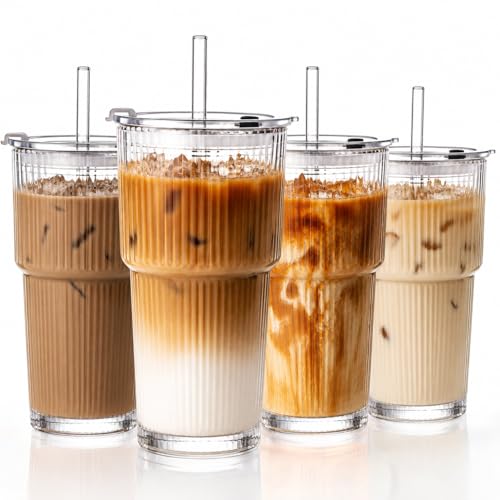 20oz Ribbed Glass Iced Coffee Cups with Lids and Glass Straws - 4 Pack