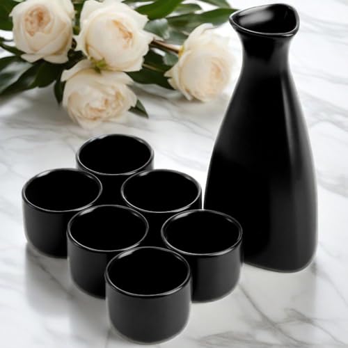 Tosnail Black Ceramic Sake Set - 1 Carafe & 6 Cups, Traditional Japanese Drinkware