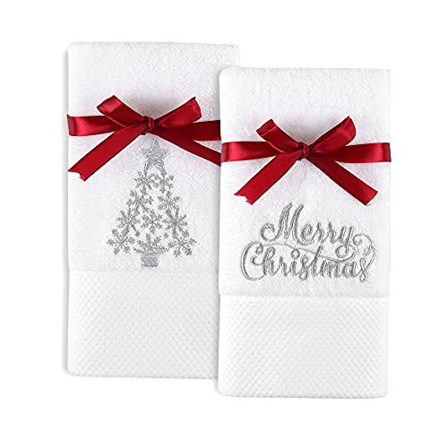Quera 2 Pack White Christmas Tree Embroidered Hand Towels - Holiday Cotton Decor