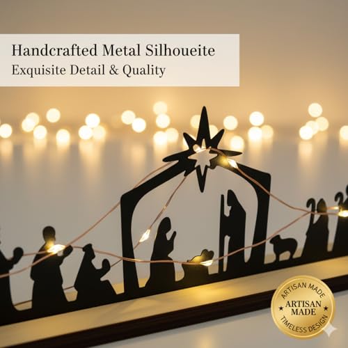 Nativity Scene Tabletop Decor, Metal Silhouette with Wooden Base