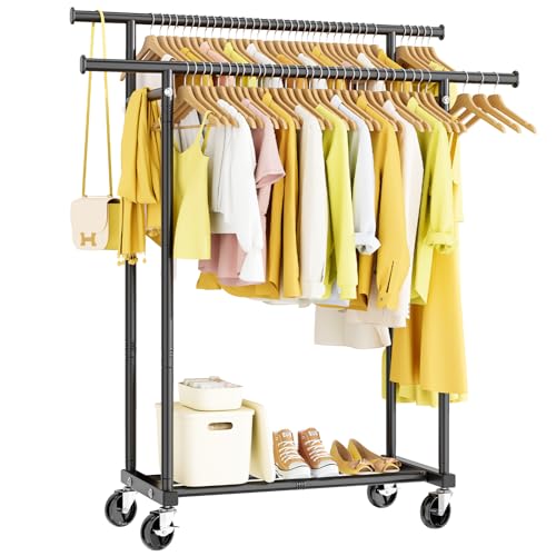 Double Rod Rolling Clothing Rack with Wheels and Bottom Shelf