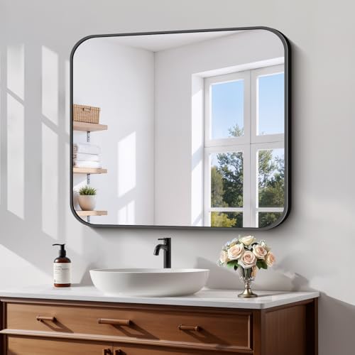28x32 Inch Large Bathroom Vanity Mirror, Shatterproof Matte Black Wall Mirror
