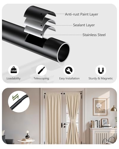Magnetic Curtain Rod for Metal Doors, Adjustable 18 to 30 Inch Black Rod