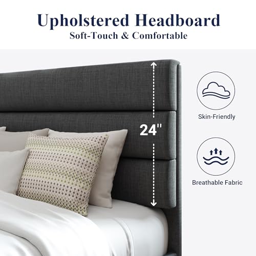 Allewie Queen Size Platform Bed Frame with Upholstered Headboard Dark Grey