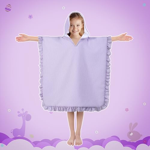 Kids Hooded Beach Towel, Purple Seersucker Microfiber Swim Poncho 30x30