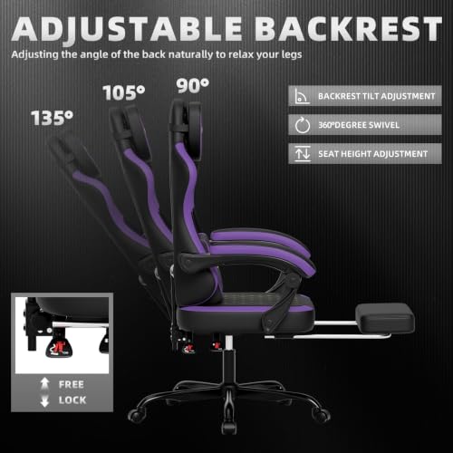 Ergonomic Gaming Chair with Massage Lumbar Pillow, Footrest & Adjustable Back