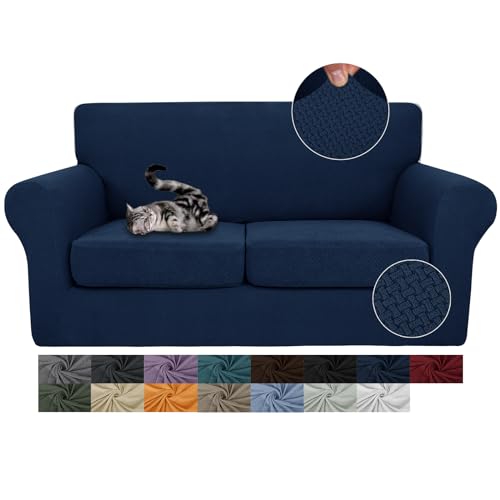 Stretch Loveseat Sofa Covers - 3-Piece Thick Slipcover Set for 2 Cushions, Navy Blue