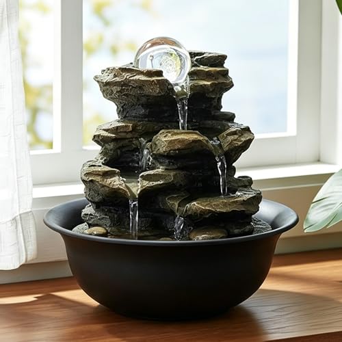 Indoor Zen Tabletop Water Fountain with Spinning Crystal Ball & LED Light