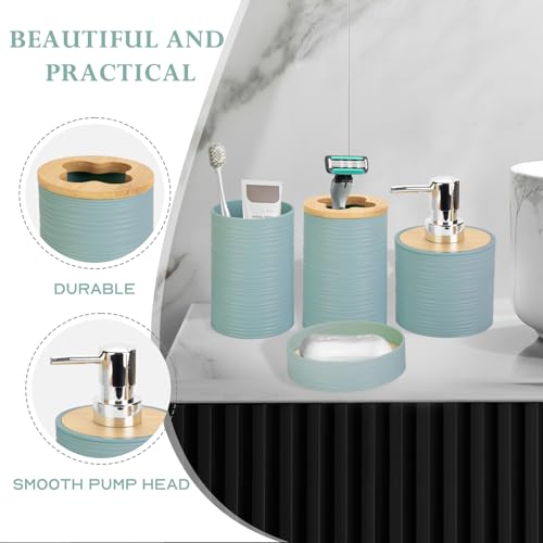 4-Piece Bamboo Bathroom Accessory Set, Aqua Boho Soap Dispenser and Holder
